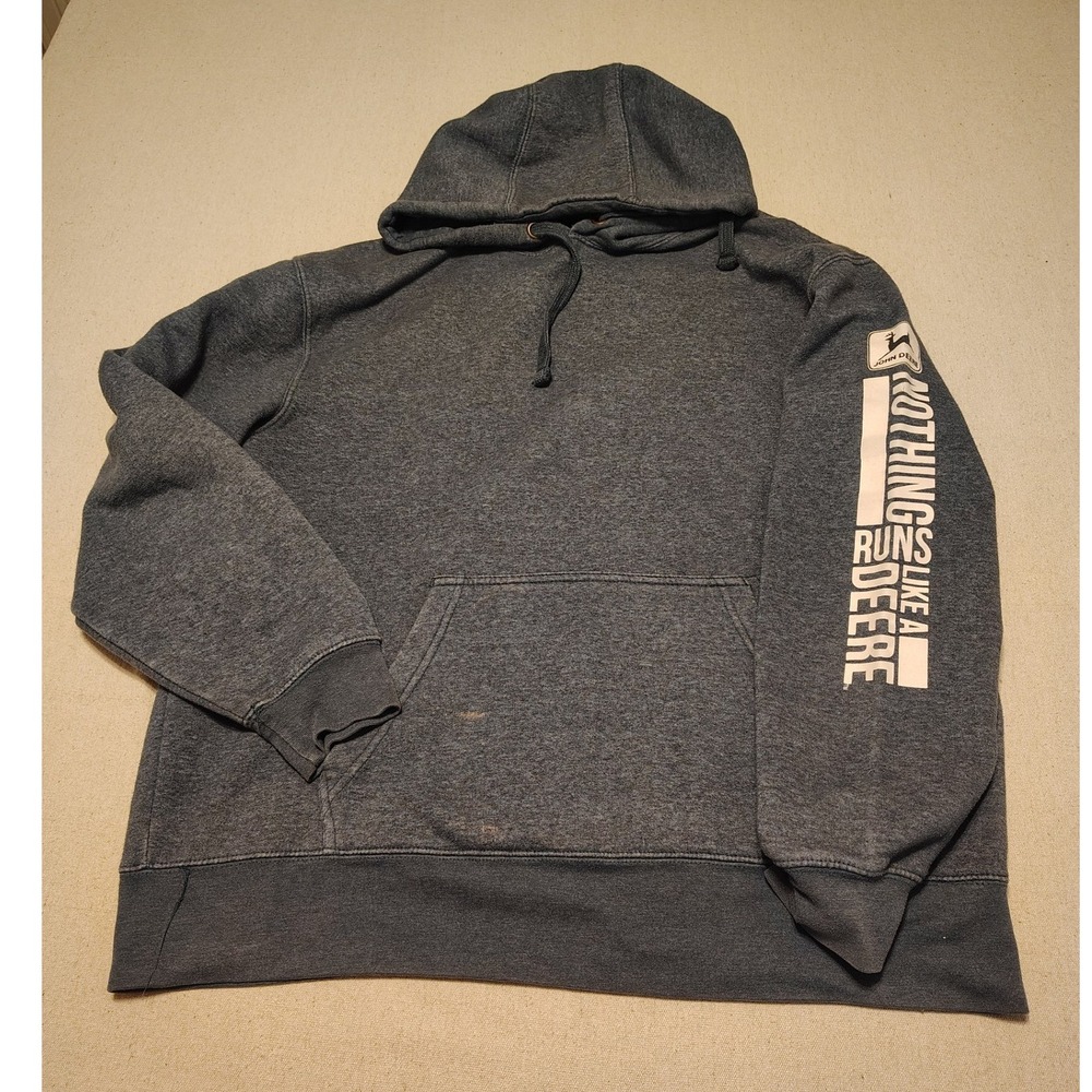 John Deere Mens Hoodie XL Gray Nothing Runs Like A Deere Graphic Sleeve Pullover
